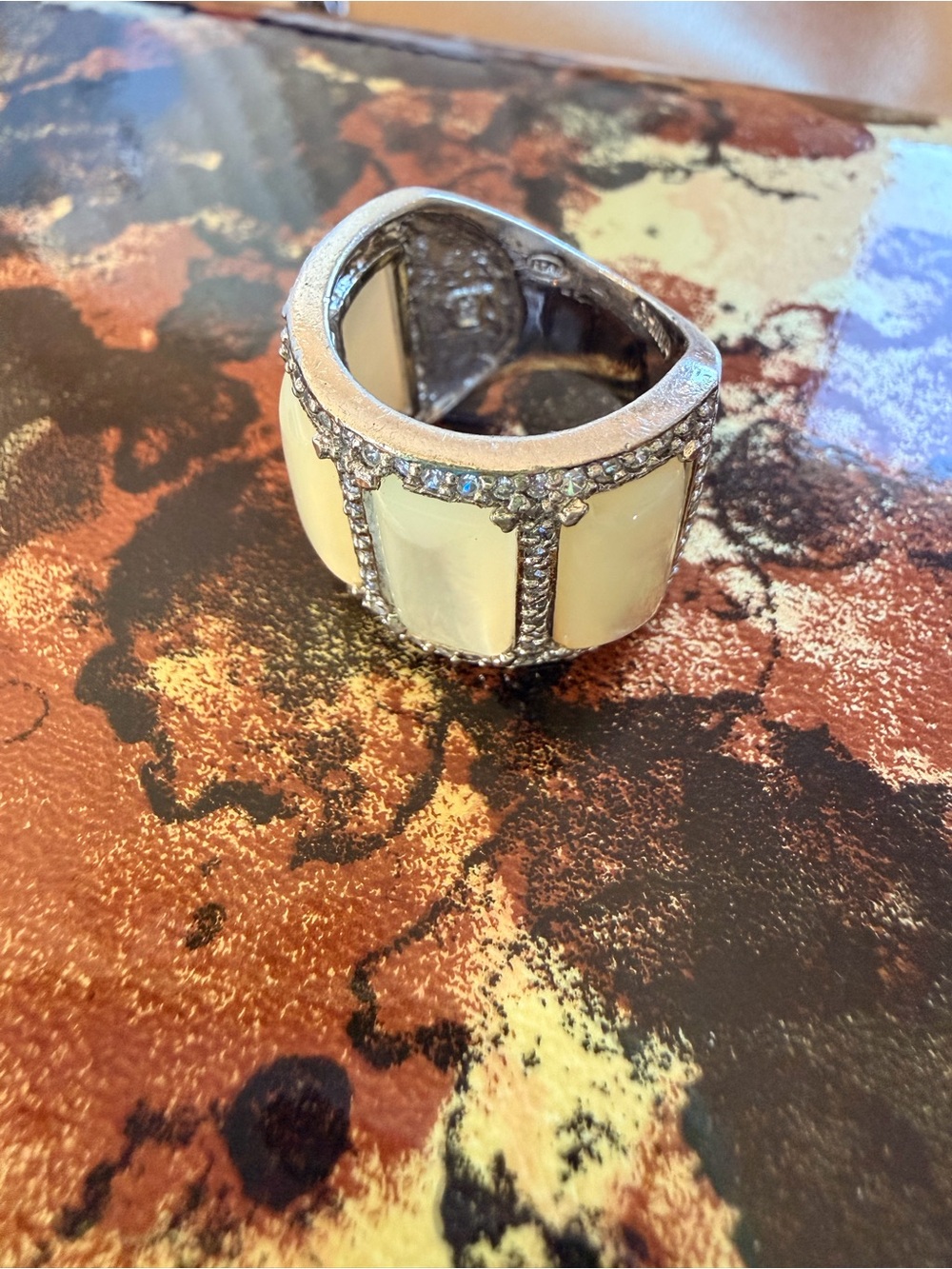 Elegant Cream Paneled Statement Ring with Pavé Accents